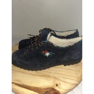 Black Suede Floral Embroidered Alpine Lace-Up Shoes EU 41 / US Women’s 10